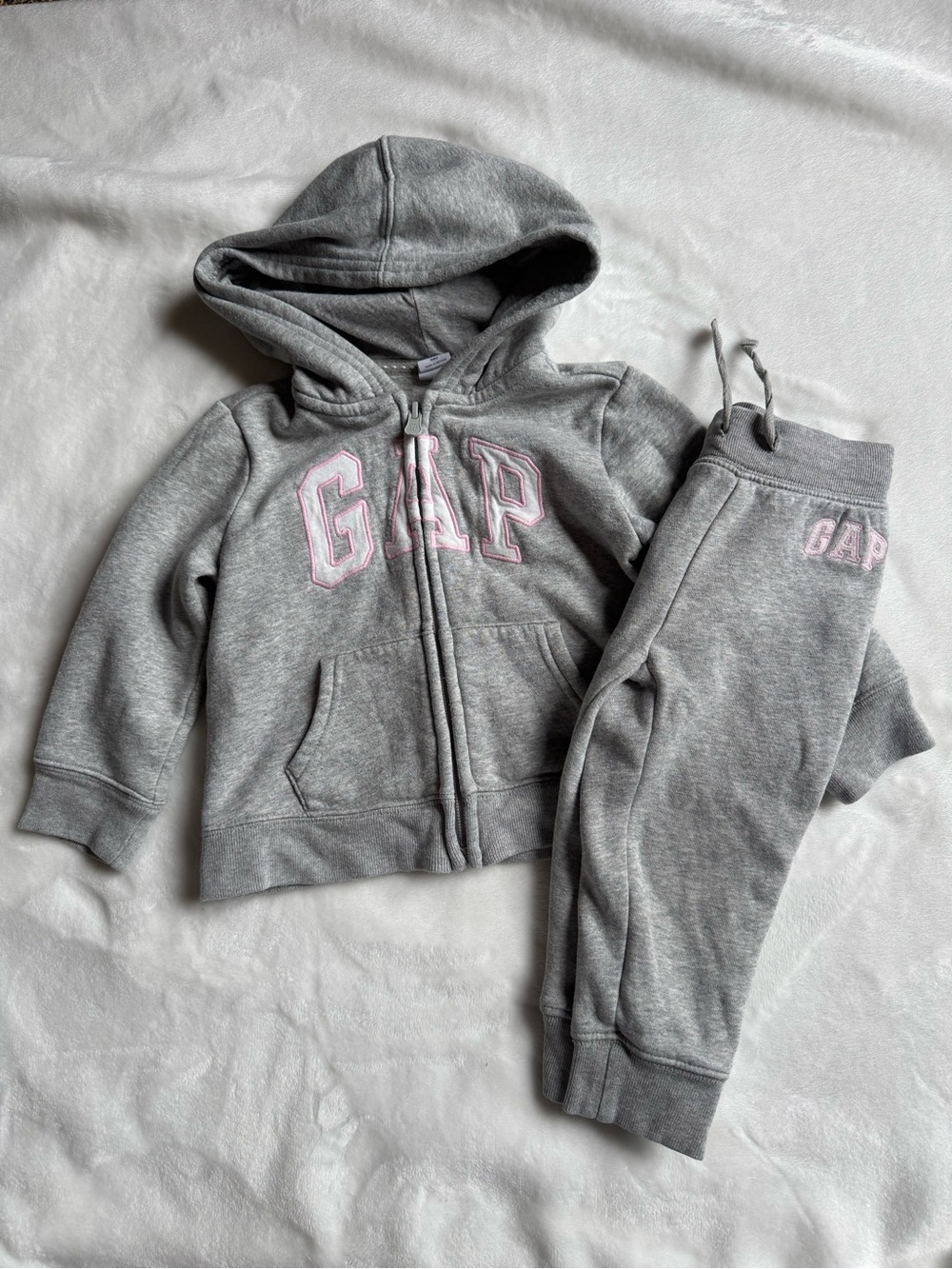 GAP Gray Zip Up Hoodie & Joggers Set with Light Pink Logo